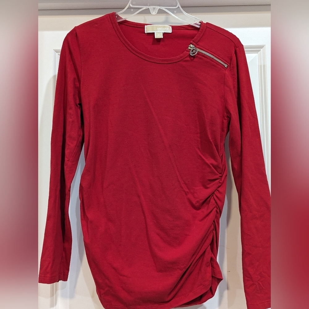 Michael Kors red ruched long sleeve blouse